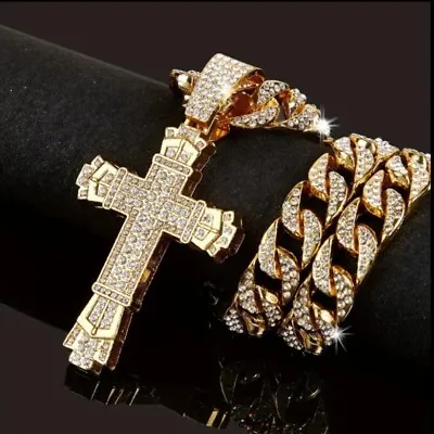 Men's New Faux Diamond Cuban Chain Punk Crystal Cross Pendant Necklace • $18