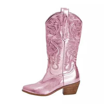 Women's Cowboy Boots Embroidered Pull On Mid Calf Fashion Western Boots Pink US8 • $9.99