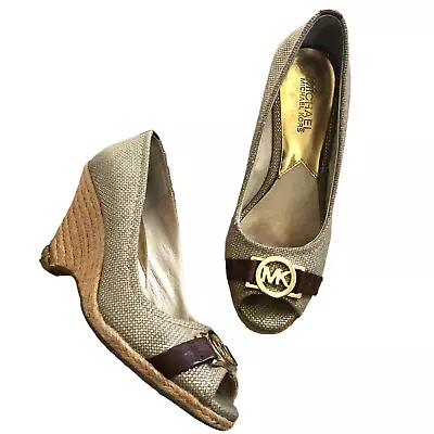 Michael Kors  Meg  Espadrille Wedge Peep Toe Logo Tan/Brown/Gold Shoes • $39