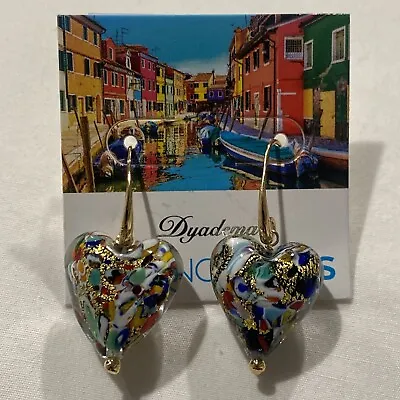 Venetian Murano Glass HEART EARRINGS Gold Foil Dyadema Bronze Made In Italy NEW • $65