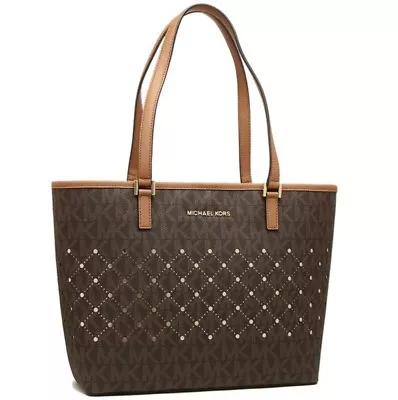 Michael Kors Jet Set Violet Small Carryall Tote Brown Logo Perforated Leather • $217.99