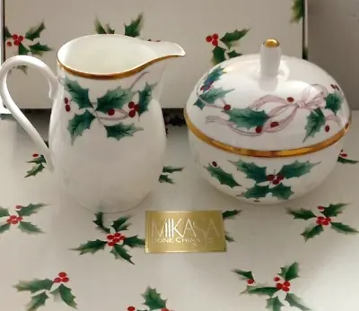 Mikasa Ribbon Holly Sugar W/Lid And Creamer Holly & Berry Design W/Gold Trim • $42