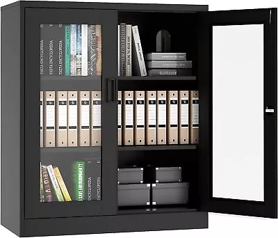 Metal Storage Cabinet With Lock Glass Doors 2 Adjustable Shelves For Home Office • $135.99