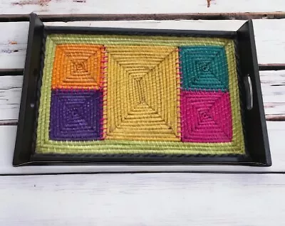 Vtg Rattan Wood Serving Tray Black Woven Coiled Seagrass Colorful Handled India • $49.99