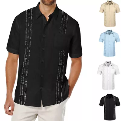 Men's Short Sleeve Button-Up Casual Cuban Guayabera Beach Wedding Dress Shirt US • $25.84