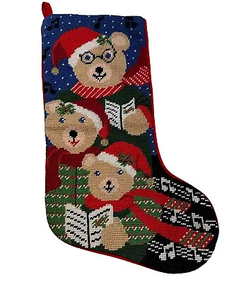 Vintage Needlepoint Caroling Teddy Bears Christmas Stocking Wool Velvet • $29.99