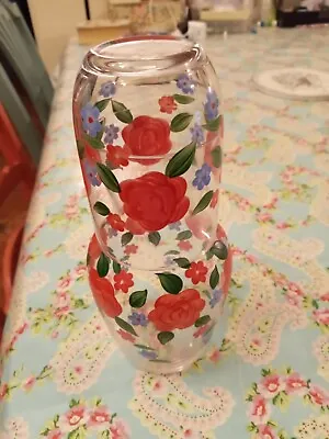 Vintage Glass Bedside Water Carafe & Tumbler  Hand-Painted FLORAL / ROSE Design  • £20