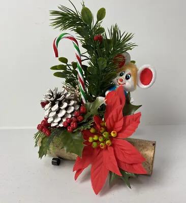 Vintage 1960s Christmas Yule Log Centerpiece With Flocked Mouse And Greenery • $17.42