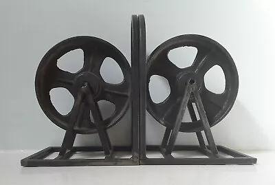 Vintage Industrial Machine Age Black Metal Steel Wheels Reels Desk Bookends • $49.96