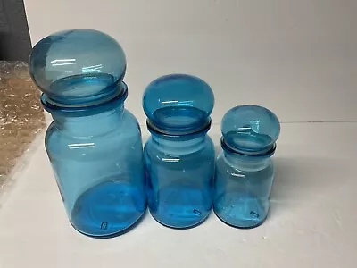 Set Of 3 Vintage Blue Glass Jars Canisters With Bubble Lids Made In Belgium • $35.99