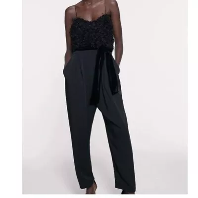 Zara Black Feather Effect Jumpsuit Womens Size Medium NWT • $30