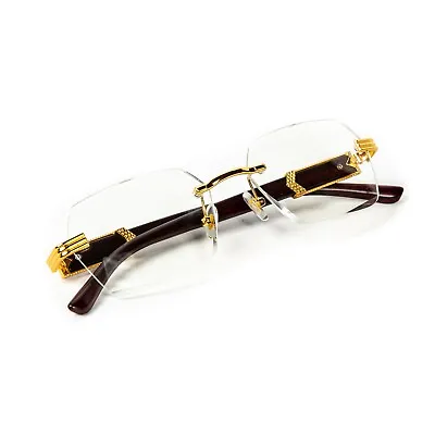 Men's Clear Lens Rimless Woodgrain Gold Frame Hip Hop Luxury Vintage Glasses • $15.99