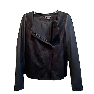 Vince Womens Jacket Size 10 Black Linen Leather Asymmetric Zip • $45