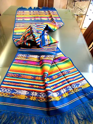 Mexican Maya Aztec Colorful Fringed Table Runner 64  X 19  - Made In Mexico • $40