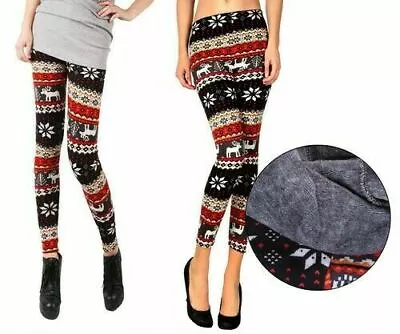 Women's Soft And Stretchy Fleece-lined Leggings Snowflake Reindeer Print • $11.99