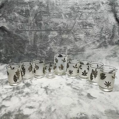 Vintage Libbey Frosted Silver Leaf Silver Foliage Pitcher &  Glasses Bar Lot • $49.99