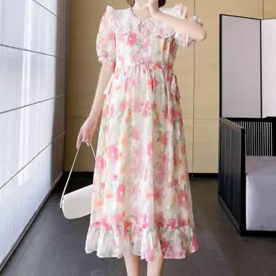 Women Chiffon Flower Pattern Dress Short Puff Sleeve Ruffled Beachwear Summer • £30.95