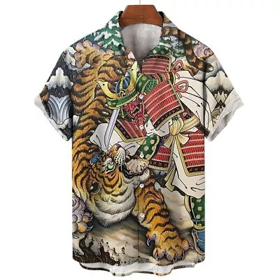 Asian Tiger Dragon Fight Art Colorful Digital Printed Men's Button Up Shirt Tops • $11.99