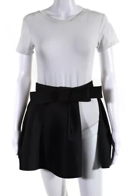 Dice Kayek Womens Belted Pleated Satin Mini Circle Skater Skirt Black Silk EU 36 • $309.99