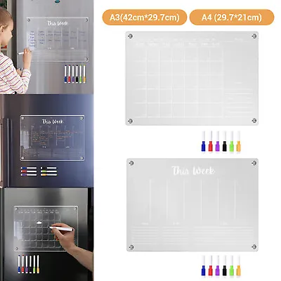 Acrylic Magnetic Fridge Calendar Planner Memo Board With 6 Rewritable Markers • £10.69