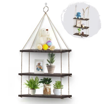 £8 • Buy 3 Tiers Floating Shelf Wooden Wall Mounted Hanging Rope Rustic Display Shelves 