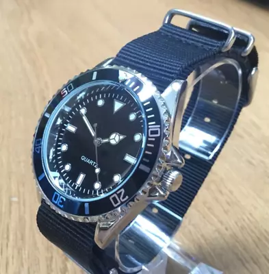 Mens Divers Style Quartz Watch Black With Black Nato Military Strap Sterile Dial • £10
