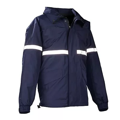 Galls Waterproof Parka Navy Blue W/Reflective Tape Zipper Hood Pockets XL NEW • $99.97