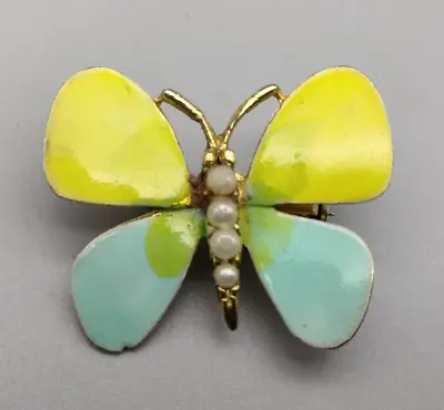 Cottagecore Butterfly Yellow Teal Faux Pearl Enamel Gold Tone Pin Brooch 1  VTG • $11.99