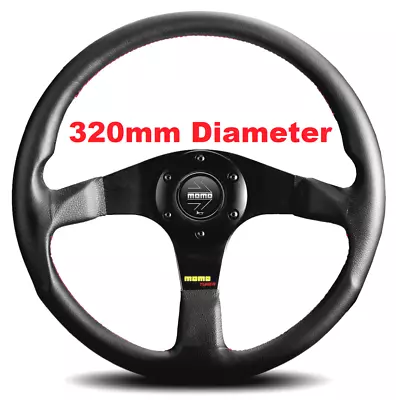 Genuine Momo Tuner Black Spokes Leather 320mm Steering Wheel With Red Stitching • $300.70