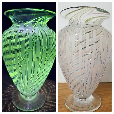 Barry Sautner Vandermark Merritt Pulled Feather Etched Vase 1981 Pink Uranium • $364.95