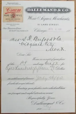 Rye Whisky Wine Liquor 1896 Chicago IL Color Letterhead To Virginia City MT • $19.99