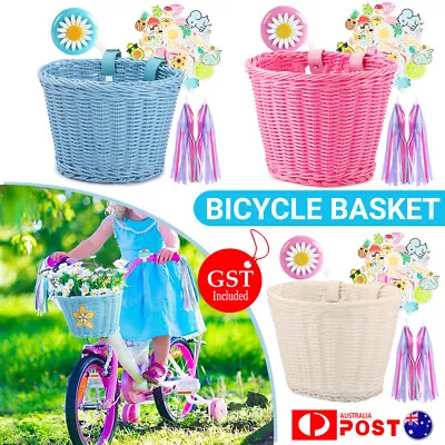 1/2x Kids Bicycle Basket Kit Front Handlebar Wicker Basket Streamers Bike Decor • $17.79