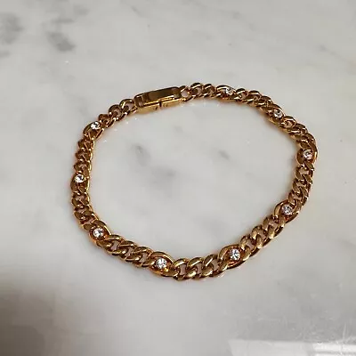 Vintage Gold-Tone Curb Chain Bracelet Clear Rhinestone Foldover Clasp 7.75 L In • $6