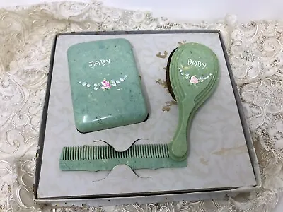 Vintage Celluloid Baby Comb Brush: “Baby” Roses Bubbles. Marbled Green 1930’s • $19.90