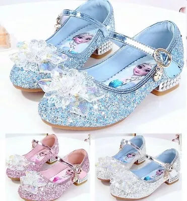 Kids Elsa Princess Shoes Girls Party Sequins Bow Glitter Fancy Dress Sandal Size • £5.99