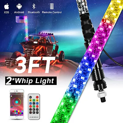 2X 3ft RGB Spiral LED Whip Lights Antenna Chase + Flag & Remote For ATV UTV RZR • $83.99