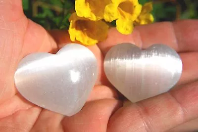 [Set Of 2] MD 2  SELENITE POCKET PUFFY HEARTS Hand-carved In Morocco Top Quality • $7.99