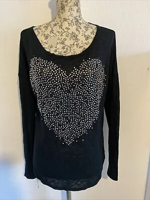 Ladies River Island Size 12 Black Linen Mix Jumper Silver Heart Front COOL • £3