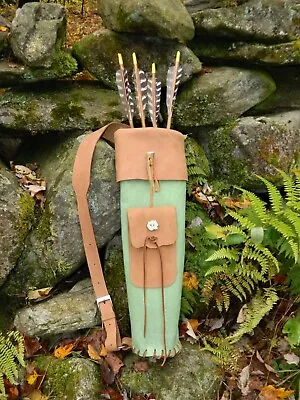Handmade Green Leather Traditional Archery Back Quiver For Arrows Antler Accents • $88