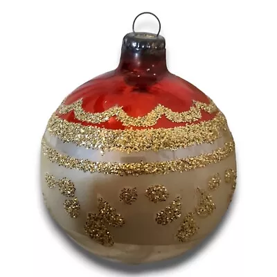 Blown Glass Vintage Stencil Christmas Ornament Ball Red Gold • $14.99