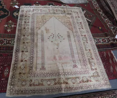 Fine Antique Hand Knotted Silk Ottoman Turkish Prayer Oriental Rug 5' X 7' • $5950