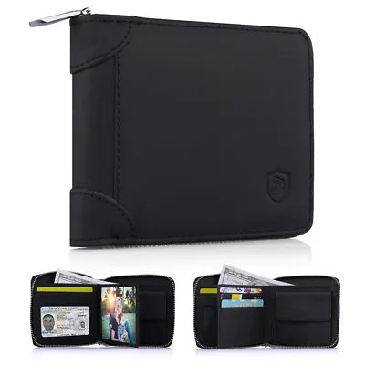 $28.99 • Buy Genuine Leather Mens Zipper Zip Around Organizer Bifold Wallet Black Wallet RFID