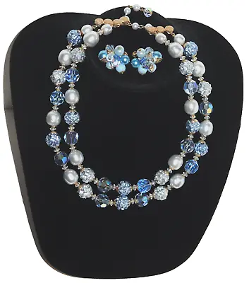 VENDOME Double Strand Blue Luster Crystal Beads Goldtone Necklace & Earrings • $120