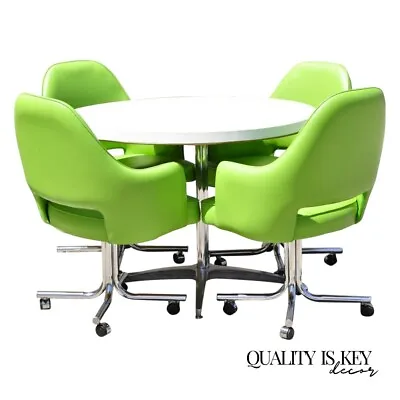 $2250 • Buy Mid Century Modern Chrome Dining Set 4 Green Swivel Chair Round Table - 5 Pc Set
