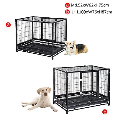 Dog Cage Pet Metal Heavy Duty With Wheels And Crate Tray For Kennel Black M L • £78.99