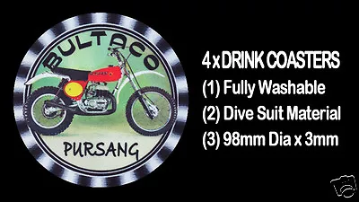 4 X BULTACO PURSANG MOTORCYCLE MOTOR CYCLE DRINK COASTERS - Fully Washable • $12.95