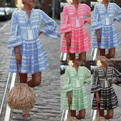 £4.69 • Buy Womens Printed V-Neck Smock Dress Ladies Summer Holiday Loose Swing Mini Dress