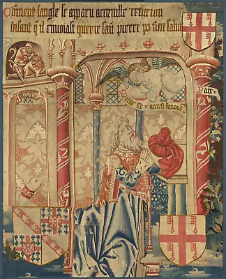 15th Century Medieval Tapestry Knight In Prayer With Heraldic Shields RE377712 • $9