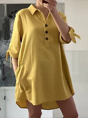 Isolde Casual Linen Blend Tunic / Dress With Pockets Short Sleeve Yellow M/L • £24