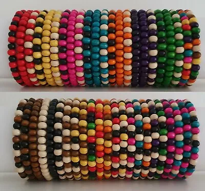 Ladies Wooden Bead Tribal / Surfer Elastic Bracelet - 49 Colours /Variations NEW • $2.84